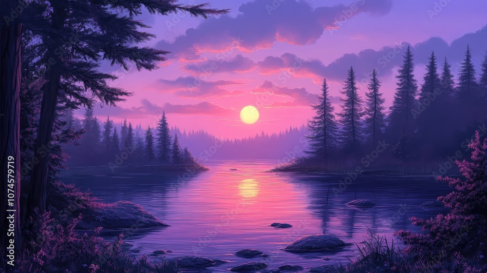 Fototapeta premium Serene Sunset Over Tranquil Lake Surrounded by Evergreens and Majestic Mountains, Capturing the Essence of Nature's Beauty in Vibrant Colors and Peaceful Atmosphere