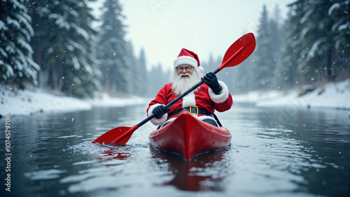 Santa Claus Paddling Red Kayak on Snowy River