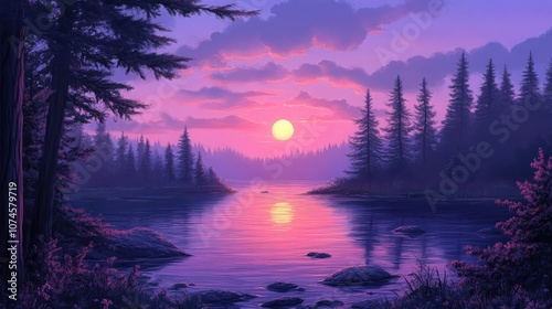 Wallpaper Mural Serene Sunset Over Tranquil Lake Surrounded by Evergreens and Majestic Mountains, Capturing the Essence of Nature's Beauty in Vibrant Colors and Peaceful Atmosphere Torontodigital.ca