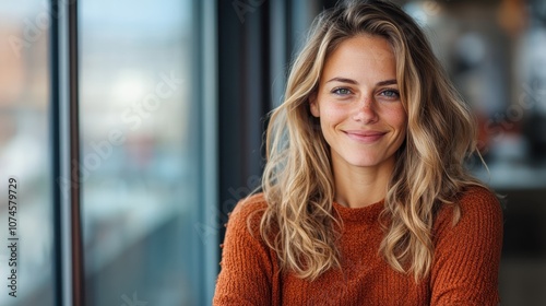 A cheerful woman with light wavy hair wearing a cozy orange sweater stands near a bright window, creating a warm and inviting atmosphere with her radiant smile.