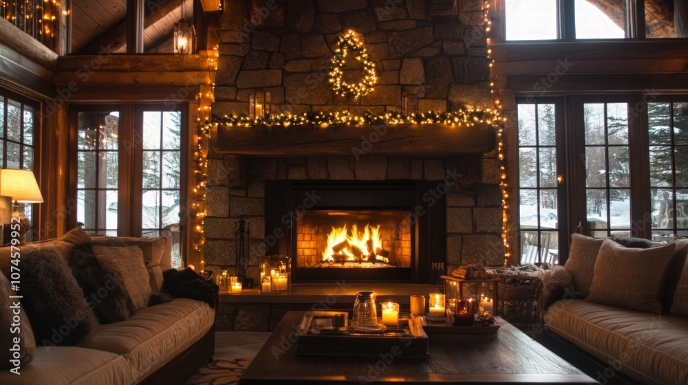 Cozy rustic cabin living room with fireplace and winter decor. Cozy rustic cabin living room with fireplace and winter decor.