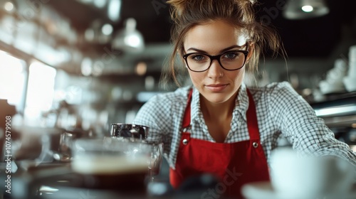 A focused barista wearing glasses works diligently in a vibrant café setting, surrounded by colorful elements and coffee-making apparatus that evoke energy and passion. photo