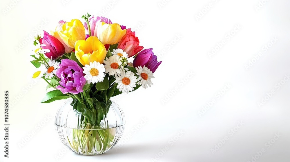 A stylish glass vase filled with a vibrant bouquet of flowers rests gracefully against a clean white background.