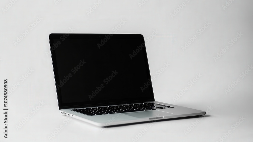A stylish laptop rests on a pristine white background, showcasing its modern design and bright screen A stylish laptop rests on a pristine white background, showcasing its modern design and bright screen