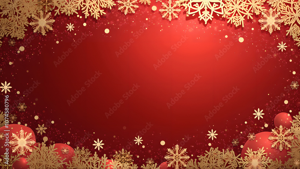 Red Christmas background with snowflakes, snow, and baubles for holiday greeting card or social media banner Red Christmas background with snowflakes, snow, and baubles for holiday greeting card or social media banner