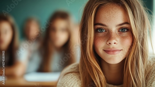 A young girl with striking freckles and long hair sits in a classroom, surrounded by peers, radiating a sense of friendliness, curiosity, and youthful energy.