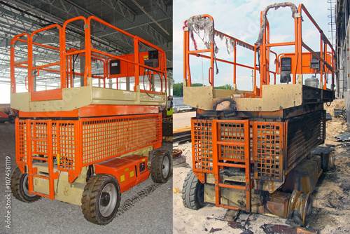 Industrial scissor lift before and after fire damage on a construction project.