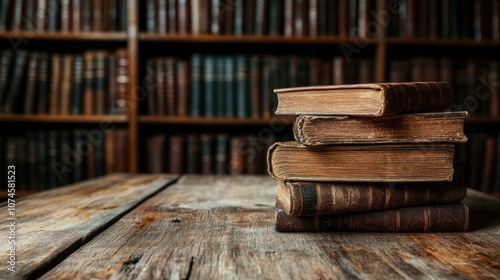A collection of worn, antique books is carefully stacked on an aged wooden surface against a backdrop of bookshelves, evoking thoughts of history and knowledge.