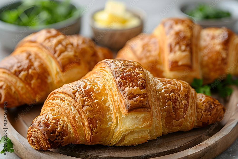 Fresh French croissants with butter on a table Fresh French croissants with butter on a table