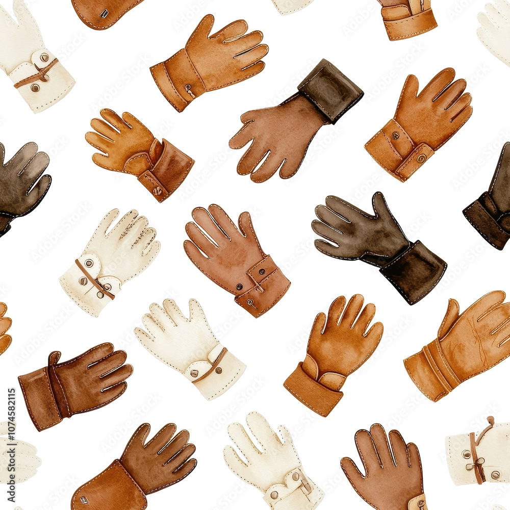 Fototapeta premium Watercolor seamless pattern of leather gloves isolated on a white background. PNG