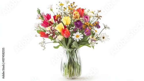 A tall vase brimming with colorful flowers is artfully positioned on a smooth white background.