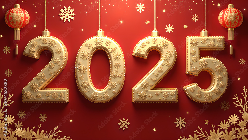 Golden 2025 New Year Greeting Card Design with Snowflakes and Lanterns Golden 2025 New Year Greeting Card Design with Snowflakes and Lanterns