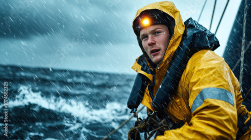 sailor in yellow rain jacket navigates rough seas during storm, showcasing determination and resilience against elements photo