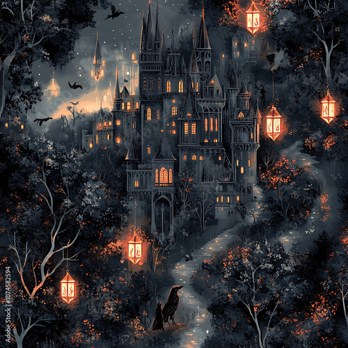 detailed pattern featuring towering gothic castles, illuminated lanterns, and mysterious forest setting creates enchanting atmosphere. dark tones and glowing elements evoke sense of magic and photo