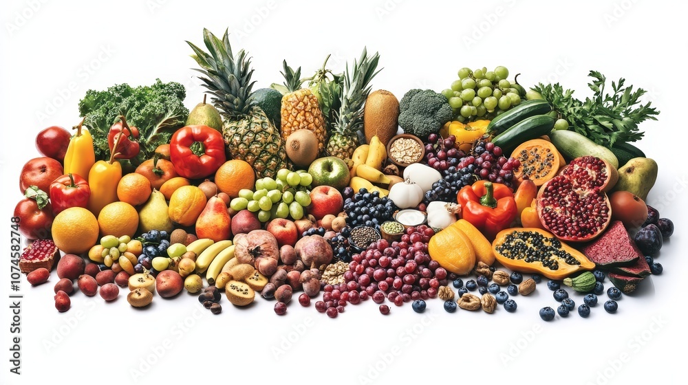 A variety of fresh foods from the five essential food groups are placed on a transparent white background. A variety of fresh foods from the five essential food groups are placed on a transparent white background.