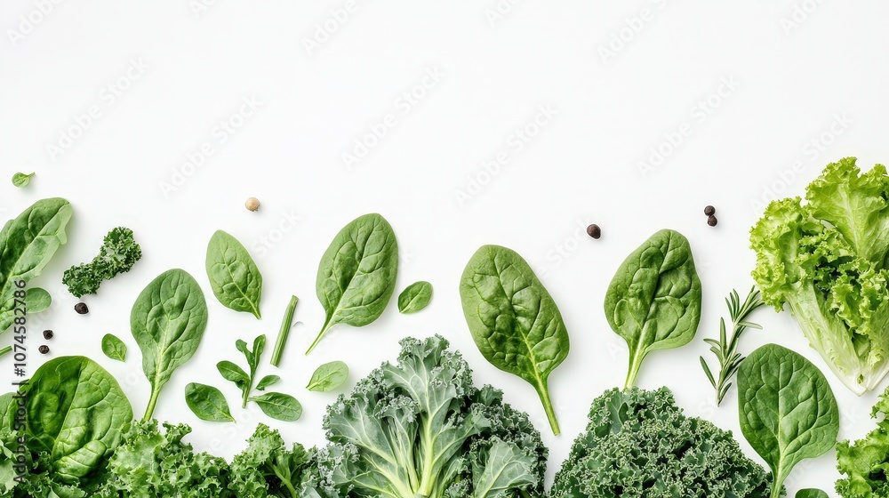 A variety of fresh green vegetables, such as spinach, lettuce, and kale, is arranged on a white background. A variety of fresh green vegetables, such as spinach, lettuce, and kale, is arranged on a white background.