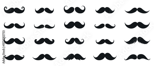 Mustache black icons set. Thin and thick. Straight and curled. Handlebar mustaches. Barber shop logo emblem. Party festival design element. Black and white simple flat style. Isolated vector on white