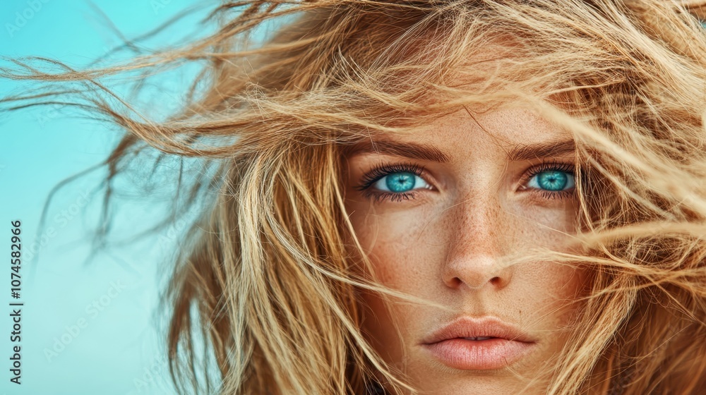 A captivating close-up portrait of a woman with intense blue eyes and wind-swept hair, embodying a sense of mystery and the raw beauty of nature. A captivating close-up portrait of a woman with intense blue eyes and wind-swept hair, embodying a sense of mystery and the raw beauty of nature.