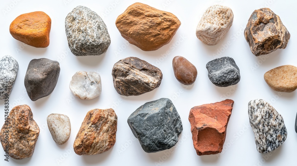 A variety of rocks, from small pebbles to larger stones, is scattered across a clean white background A variety of rocks, from small pebbles to larger stones, is scattered across a clean white background
