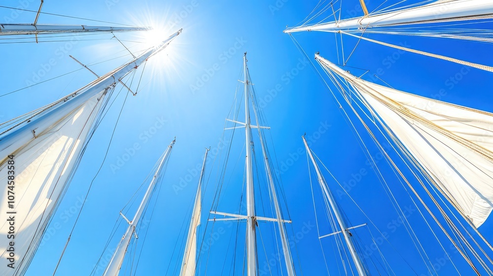 Sunlit Sailboat Masts Reaching Towards a Vivid Blue Sky Reflecting the Beauty of Sailing Adventure and Outdoor Activities in a Coastal Environment Sunlit Sailboat Masts Reaching Towards a Vivid Blue Sky Reflecting the Beauty of Sailing Adventure and Outdoor Activities in a Coastal Environment