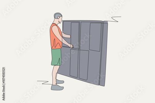 Colored man grabs towel at gym locker. Gym locker concept one-line drawing