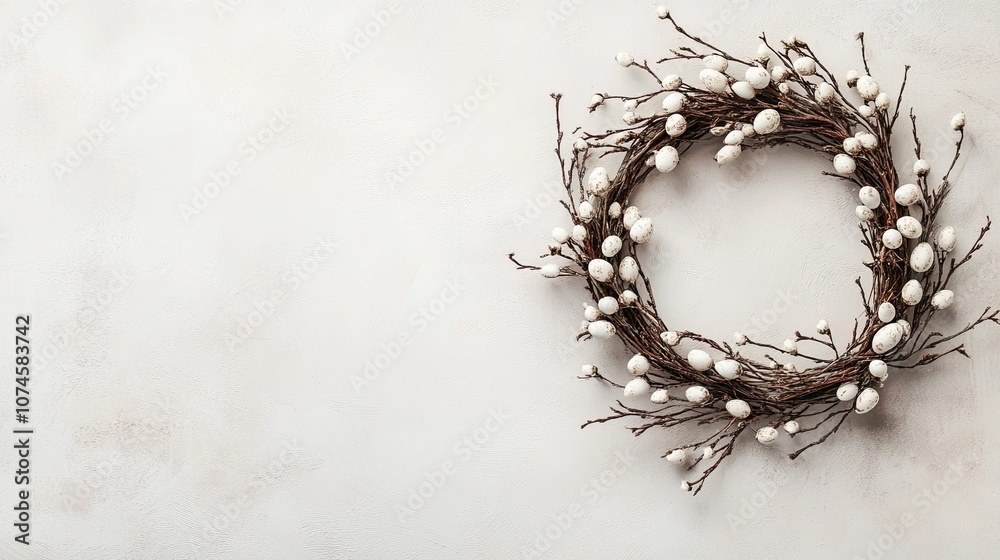 Fototapeta premium Elegant minimalist wreath with white berries on textured background Background with space for text, Easter, spring