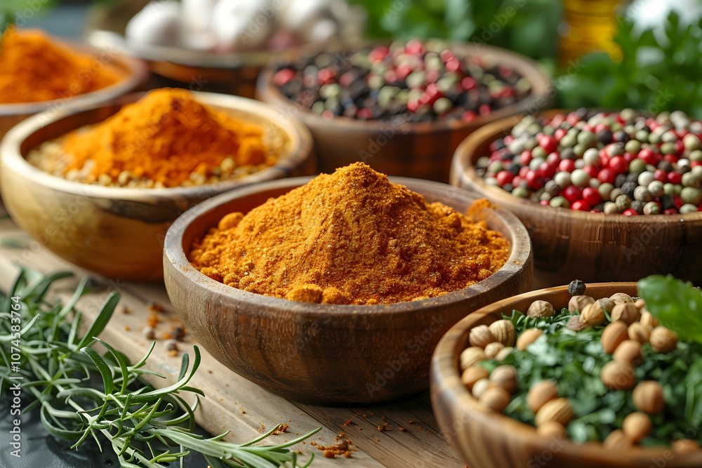 Fototapeta premium Fresh spices and herbs on a table