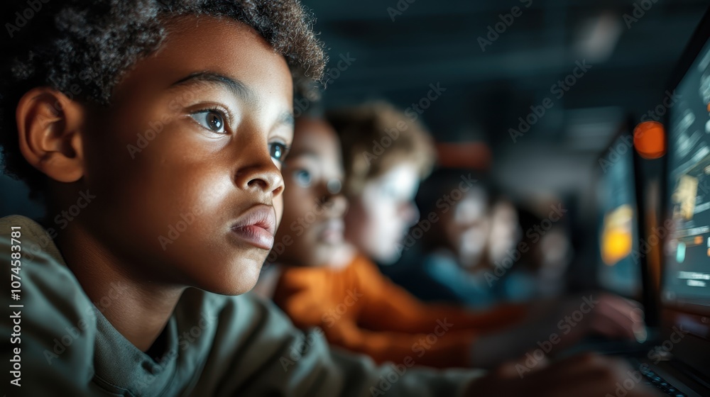 Children intensely focused on their computer screens in a dim room, each face illuminated by the digital glow, highlighting elements of technology and learning. Children intensely focused on their computer screens in a dim room, each face illuminated by the digital glow, highlighting elements of technology and learning.