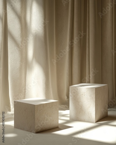 Sunlight illuminating two empty travertine cubic podiums in front of beige curtains