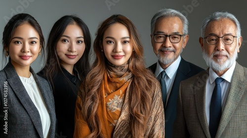 Multigenerational team of Bruneian business professionals, youth to elderly, isolated, white background