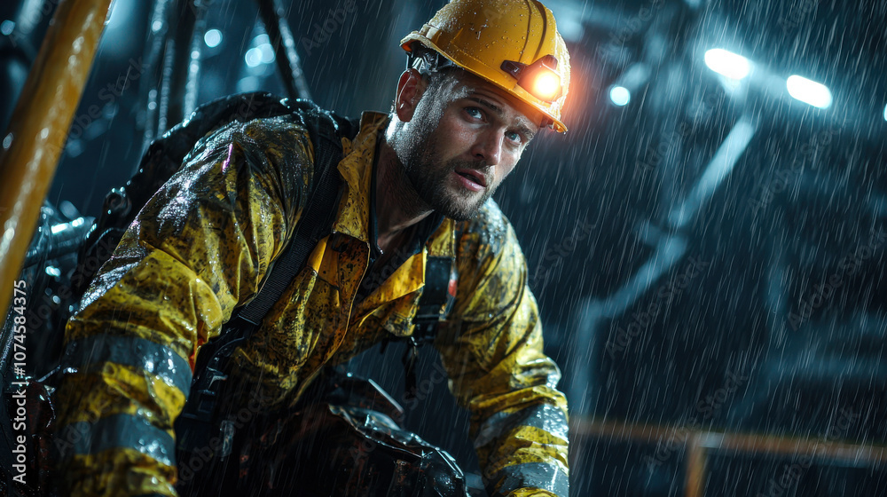 worker in yellow raincoat and helmet, drenched in rain, shows determination while operating machinery. scene captures intensity of offshore work worker in yellow raincoat and helmet, drenched in rain, shows determination while operating machinery. scene captures intensity of offshore work
