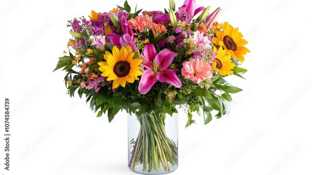A vibrant bouquet of flowers in a glass vase stands out against a clean white background, creating a stunning visual effect.