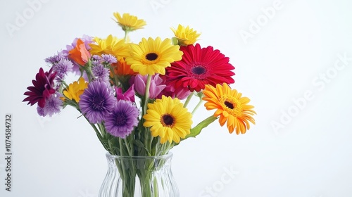 A vibrant bouquet of flowers in a clear glass vase is showcased against a bright white background.