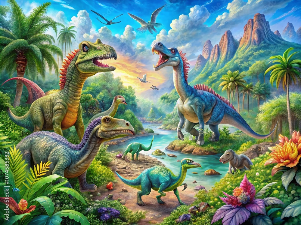 Fototapeta premium Whimsical Watercolor Dinosaurs in a Lush Prehistoric Landscape with Vibrant Colors and Detailed Textures for a Playful and Imaginative Ambiance