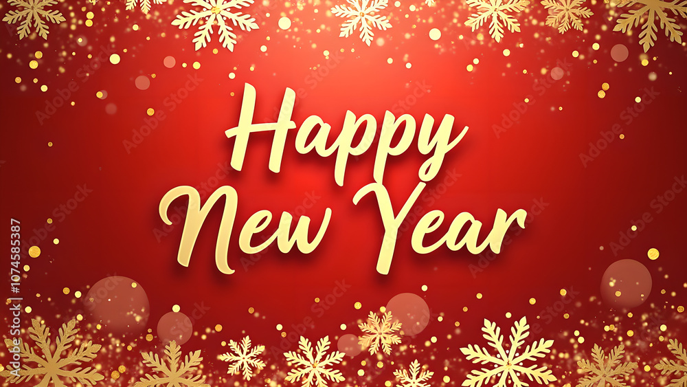 Happy New Year Card with Red Background and Gold Snowflakes Happy New Year Card with Red Background and Gold Snowflakes