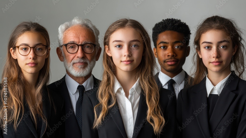 Portrait of a diverse business group, including teens and seniors, formal attire, isolated, white background Portrait of a diverse business group, including teens and seniors, formal attire, isolated, white background