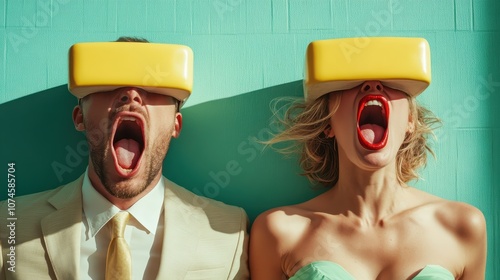 Two individuals expressively wearing yellow sculptural headgear and making exaggerated faces against a vibrant background, embodying abstract humor and modern artistic expression. photo