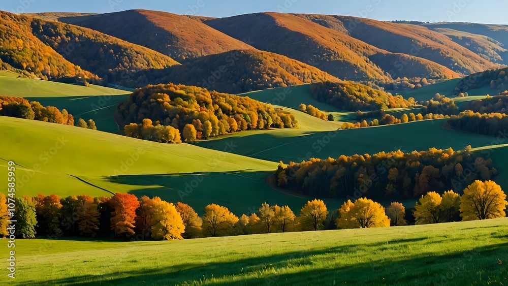 Obraz premium Rolling hills covered in autumn foliage, vibrant green grass, and soft sunlight.