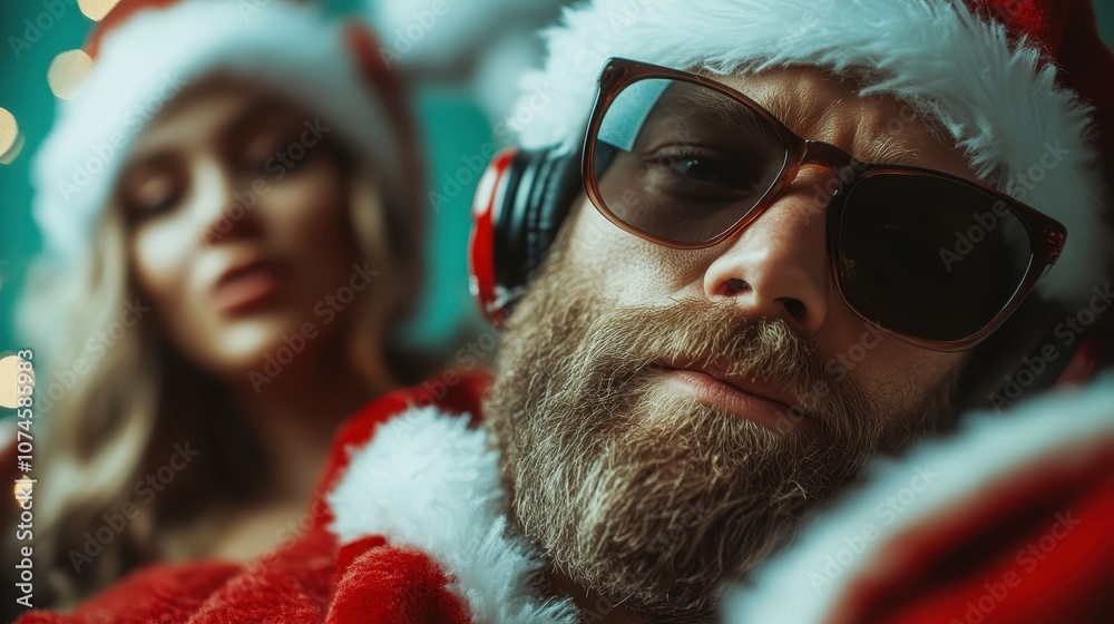 A festive and modern portrayal of someone in Santa attire, wearing sunglasses and headphones, suggesting a cool blend of holiday spirit and contemporary style. A festive and modern portrayal of someone in Santa attire, wearing sunglasses and headphones, suggesting a cool blend of holiday spirit and contemporary style.
