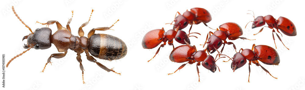 The image features a close-up of an individual ant alongside a group of smaller red ants, showcasing their distinct colors and features. The image features a close-up of an individual ant alongside a group of smaller red ants, showcasing their distinct colors and features.