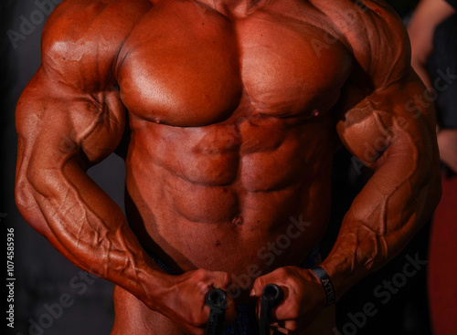 bodybuilder body part details. bodybuilder in competition, detail.
