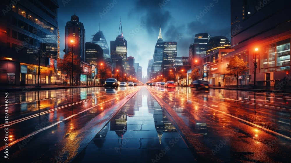 Fototapeta premium A city street with cars and a reflection of the city in the water
