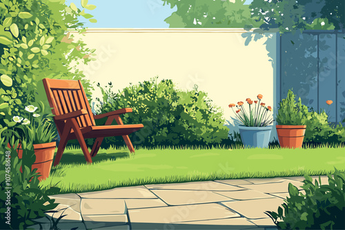 Patio area horizontal landscape. House backyard with outdoor garden green lawn plants trees flowers in a pots wooden chair. Sunny piecful day. Backyard wall with place for text. Cartoon style vector