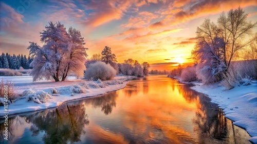 Winter Nature Landscape at Colorful Vivid Sunrise with Snowy Trees on Icy Riverside, Capturing the Beauty of Dawn in a Tranquil Winter Morning Scene photo