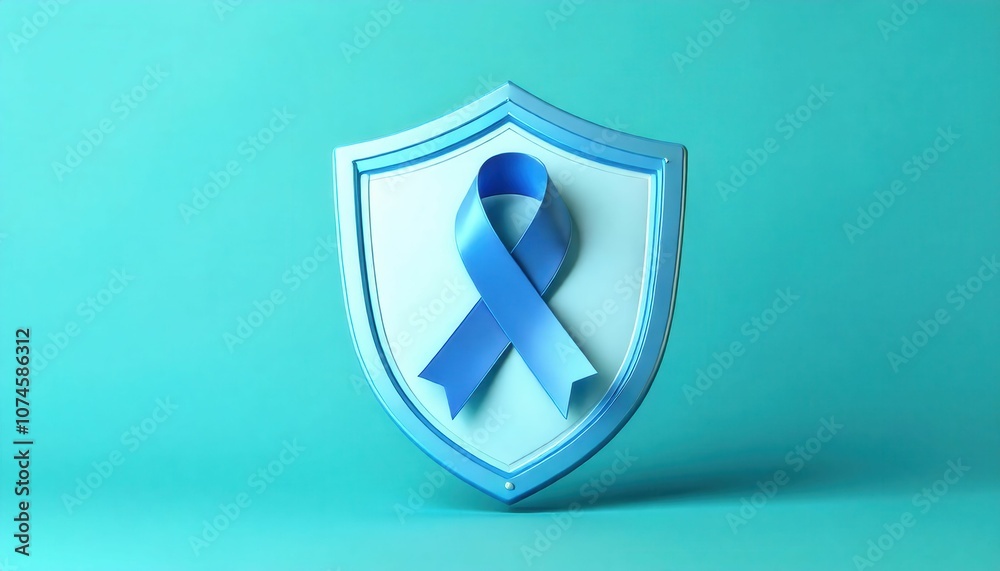 A blue ribbon on a shield symbolizing support for awareness and protection against health issues.