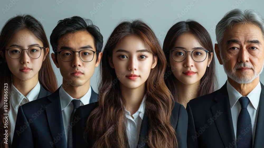 Portrait of a diverse Thai business team, teens and seniors, formal attire, isolated, white background Portrait of a diverse Thai business team, teens and seniors, formal attire, isolated, white background