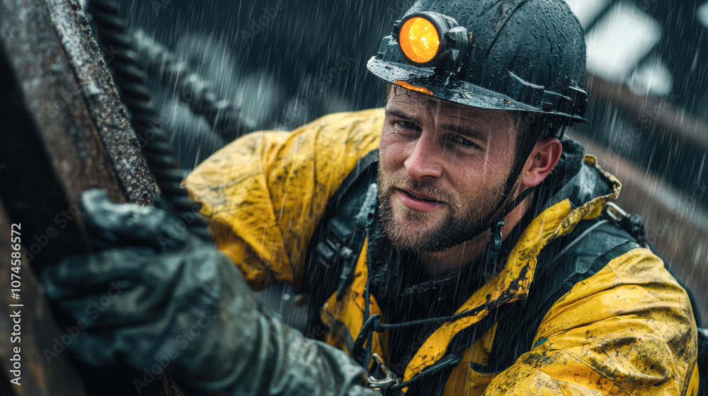 Obraz premium worker in yellow raincoat and helmet climbs in rain, showcasing determination and resilience. scene captures essence of hard work in challenging weather conditions