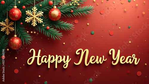 Happy New Year Greeting with Christmas Tree Branches and Ornaments