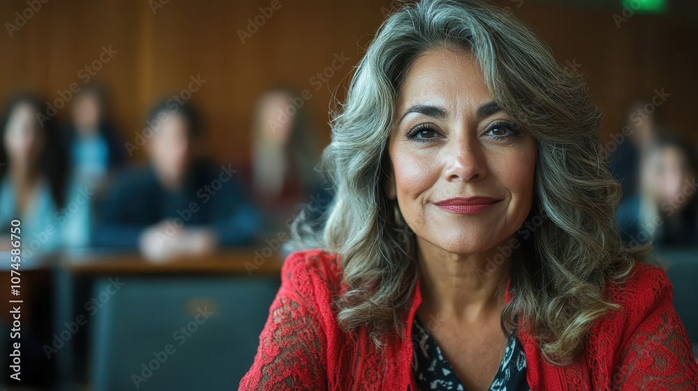 A confident woman in a red lace jacket sits in the foreground of a lecture hall, conveying a sense of empowerment and authority amidst a blurred group setting. A confident woman in a red lace jacket sits in the foreground of a lecture hall, conveying a sense of empowerment and authority amidst a blurred group setting.