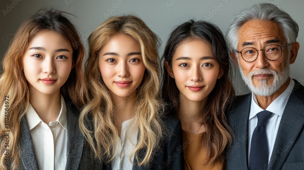 Portrait of diverse Japanese business team, teens and seniors, formal attire, isolated, white background Portrait of diverse Japanese business team, teens and seniors, formal attire, isolated, white background
